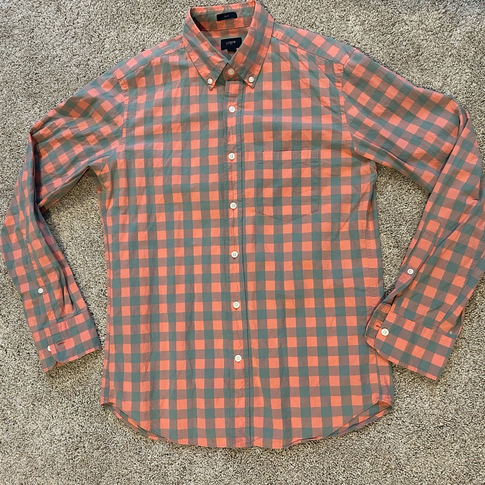 J.Crew Slim Fit Gingham Button Down Shirt – Men’s Medium – Coral & Grey Plaid